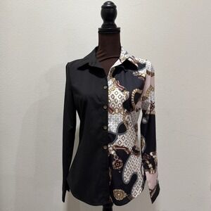 CBR Chic Boutique Rose Split Chain Print Button Down Shirt Black Gold Size M